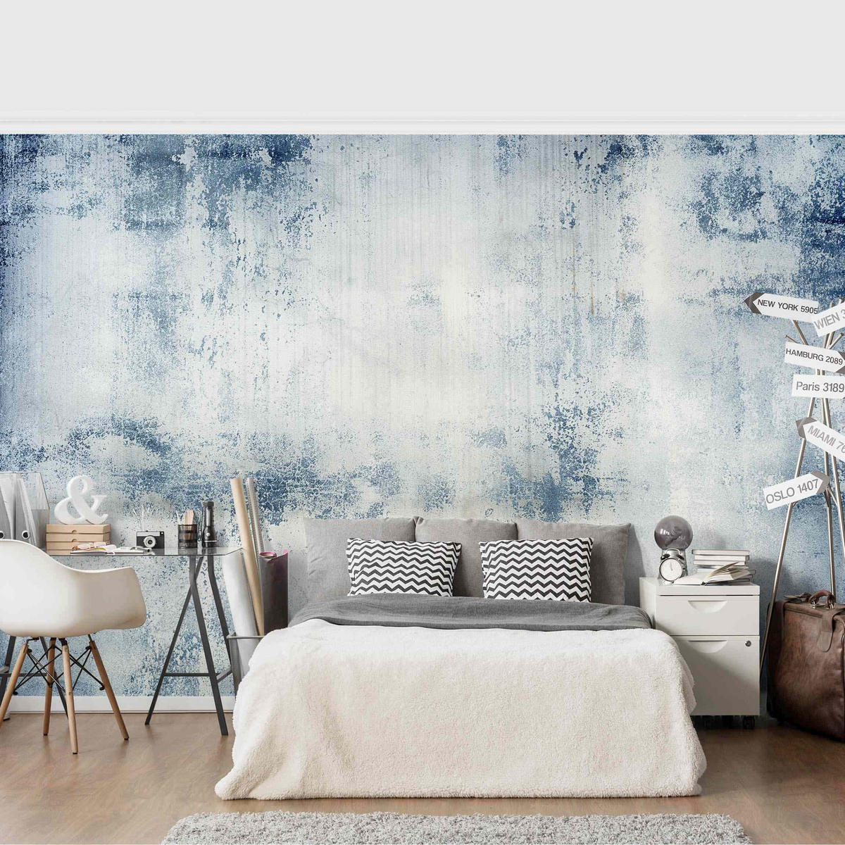 FOTOTAPETE Betonwand Shabby Putz Blau 288/190 cm - Blau, Papier (288/190cm) - Bilderwelten