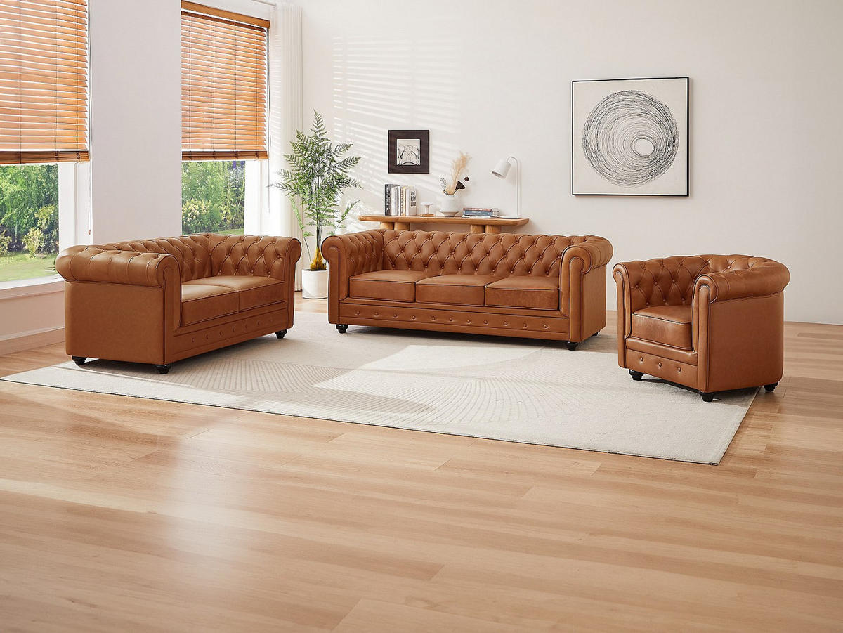 SOFAGARNITUR ohne Schlaffunktion - 6 Personen-Sitzer - Leder - Camel - - Braun, Leder (205/72/88cm) - Vente-Unique