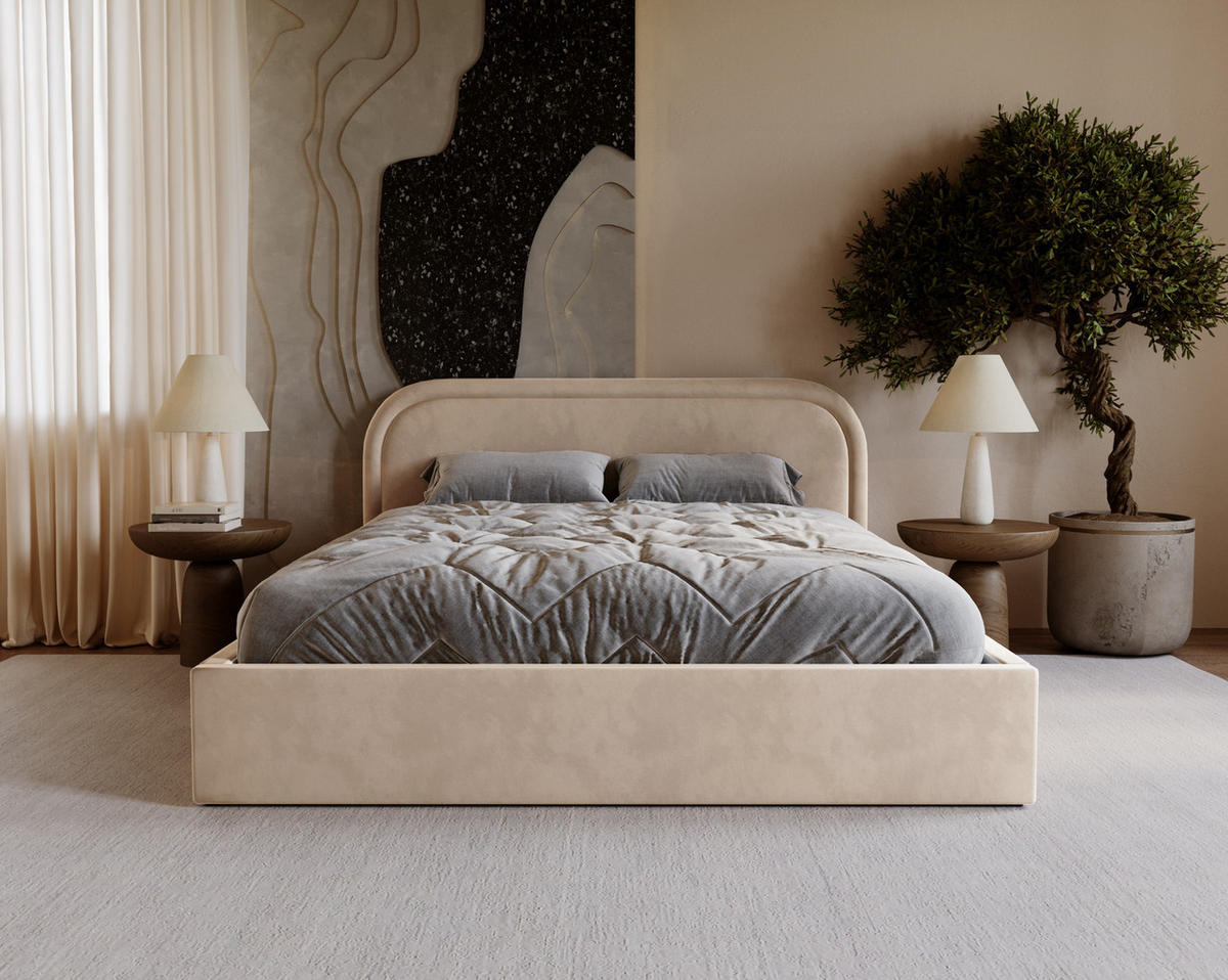POLSTERBETT 140x200 Dune mit Bettkasten, runde Kopfteil, Samt, Beige - Beige, Holz/Textil (140/200cm) - Emporius