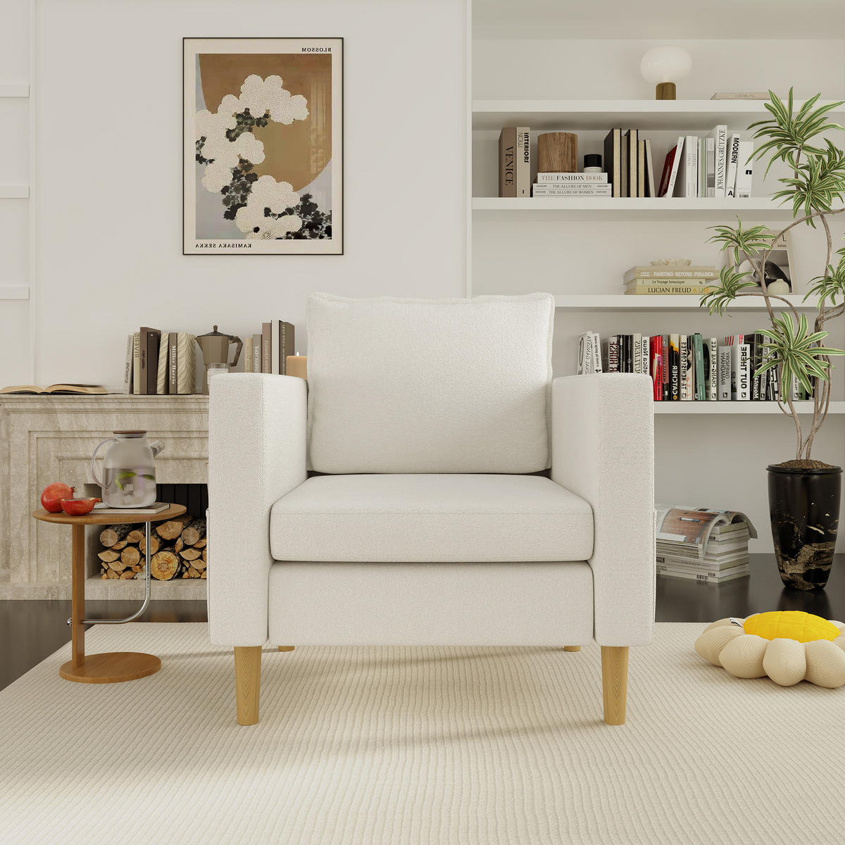 SESSEL Chenille Beige mit Seitentasche - Beige, Holz/Holzwerkstoff (71/82/68cm) - WISHDOR