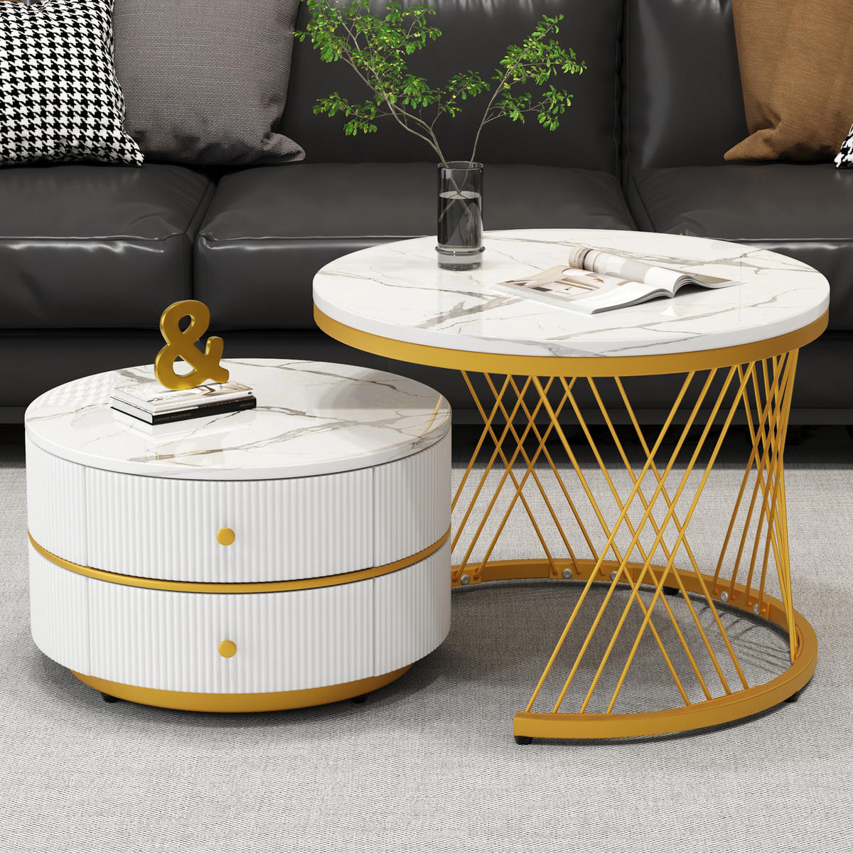 COUCHTISCH 2er-Set rund mit 2 Schubladen Weiß Marmoroptik - Weiß, Metall (60/60/46cm) - Meubliv
