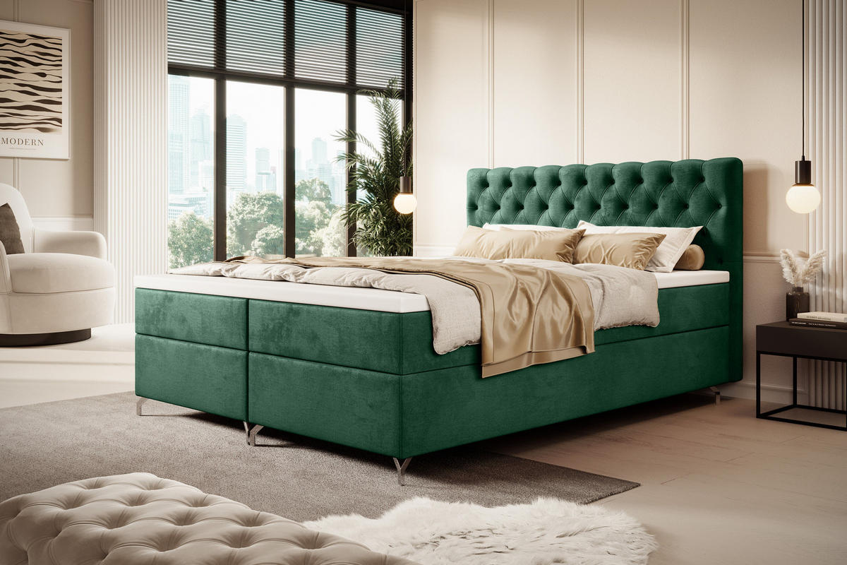 BOXBETT CHESTER 200x200, mit Matratze H3 und Topper, Monolith 37 - Grün, Holz/Textil (200/200cm) - Bedante