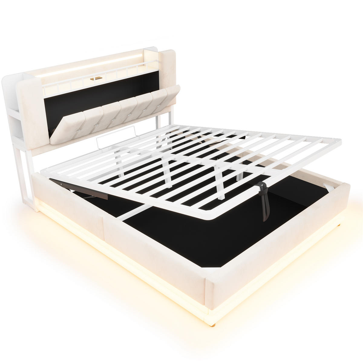 STAURAUMBETT 160/200 cm mit LED und Stauraum, DE-02116, in Beige - Beige, Metall (160/200cm) - ComfortXL