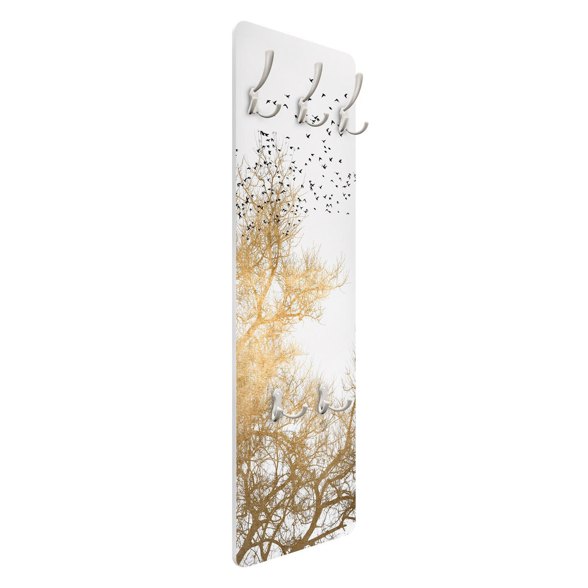 WANDGARDEROBE - Vogelschwarm vor goldenem Baum 34/105 cm - Goldfarben, Holzwerkstoff (34/105/1.6cm) - Bilderwelten