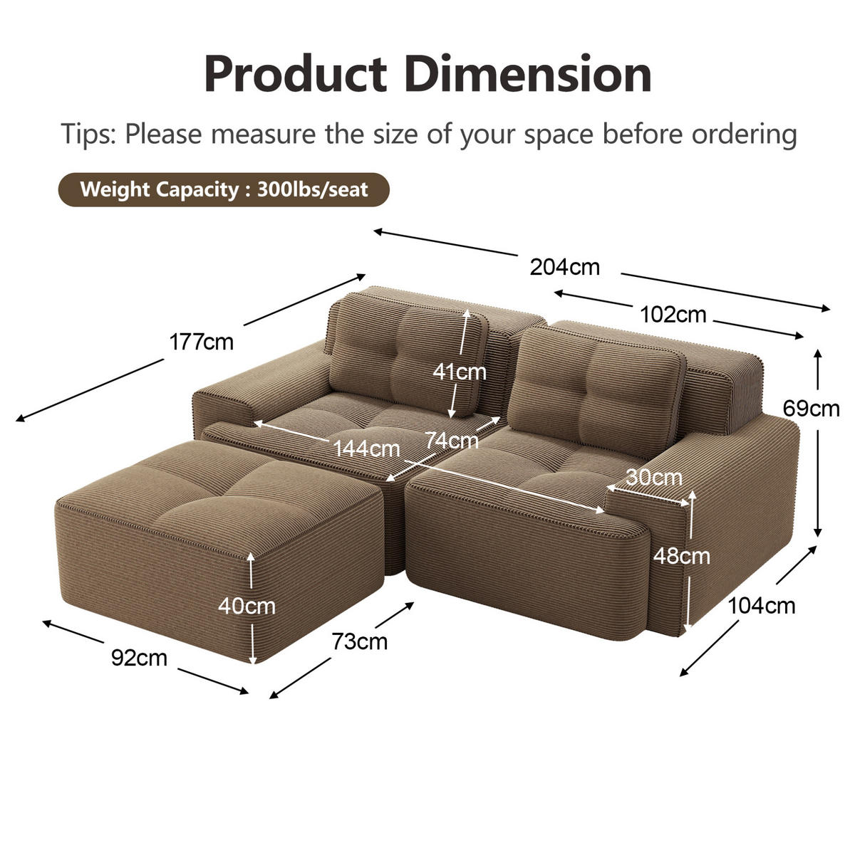 ECKSOFA 204/104/69 cm braun aus Cord mit Tiefsitz, Ottomane und boneless Design - Braun, Textil (177/204cm) - OKWISH