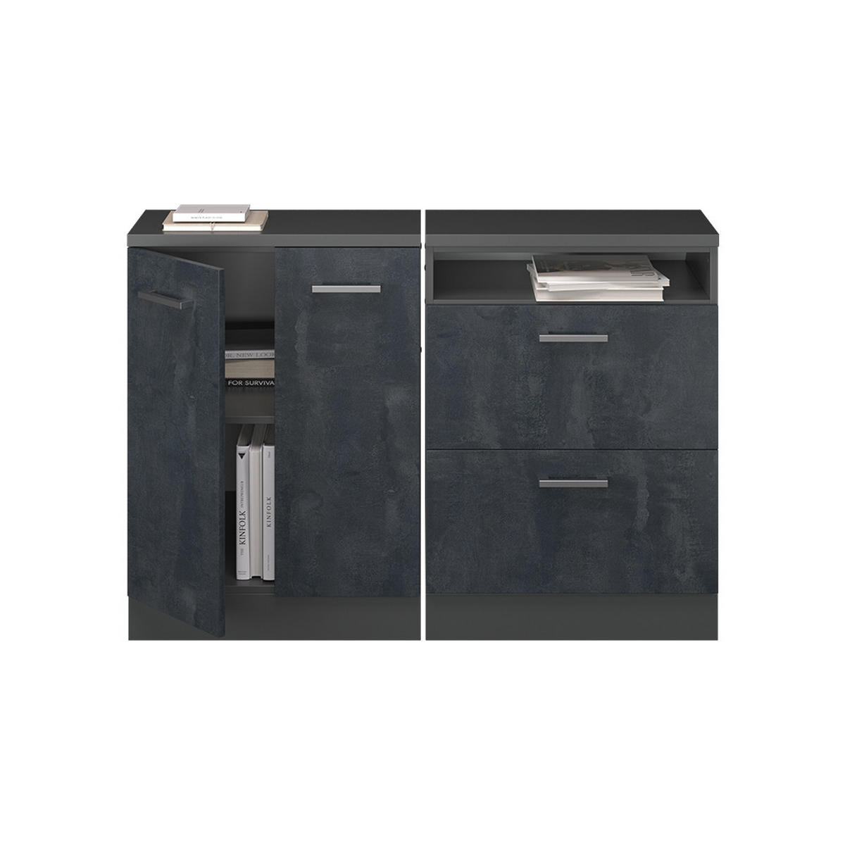 KUHINJSKI ORMAR ZA KOSINE KROVA R-Line Crni Beton 120 cm Set od 2 korpusa ormara, dubina 60 cm - crna/antracit, drvni materijal (120/83.8/60cm) - Vicco