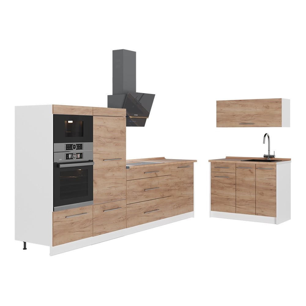 KÜCHENZEILE Fame-Line, Goldkraft Eiche, 380 cm, AP Eiche - Eichefarben/Weiß, Holzwerkstoff (380/153.6/60cm) - Vicco