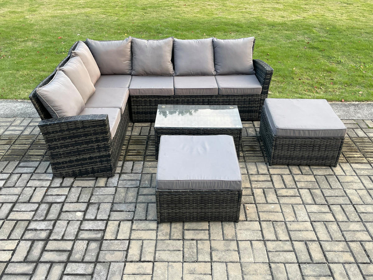 BALKONMÖBEL-SETS mit Ecksofa,Länglicher Couchtisch,2 große Fußhocker Polyrattan Dunkelgrau 8-Sitzer - Dunkelgrau/Grau, Glas/Kunststoff - Fimous