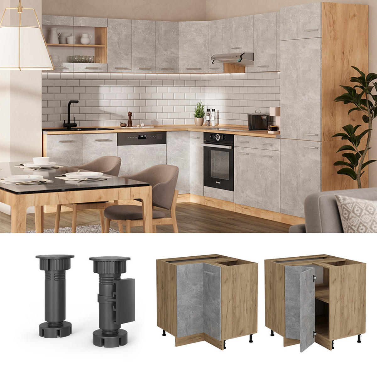 ECKUNTERSCHRANK R-Line Beton 75.6 cm , AP Anthrazit - Honigeiche/Schieferfarben, Holzwerkstoff (75.6/81.6/60cm) - Vicco