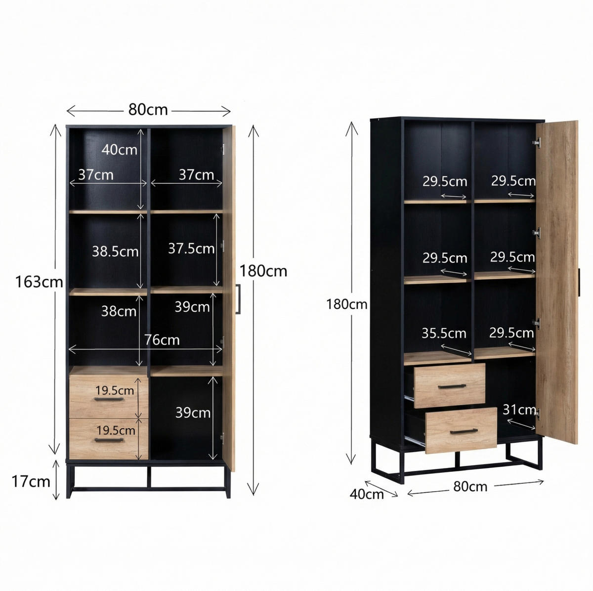 HIGHBOARD 80/40/180 cm in Holzoptik und Schwarz mit 2 Schubladen und 3 offenen Fächern - Schwarz, Holzwerkstoff (80/180/40cm) - Flora Grace