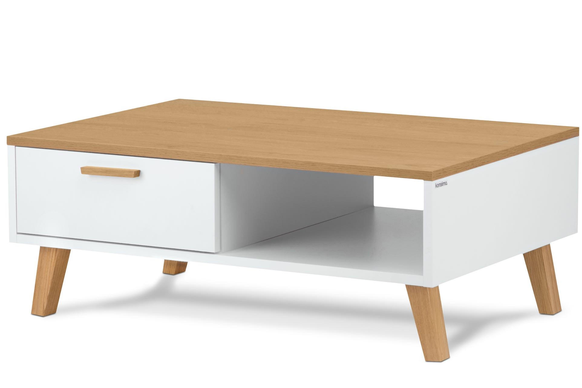 KAFFEETISCH FRISK mit Schubladen, weiß - Eichefarben/Weiß, Eichenholz/Holzwerkstoff (62/90/35cm) - KONSIMO®