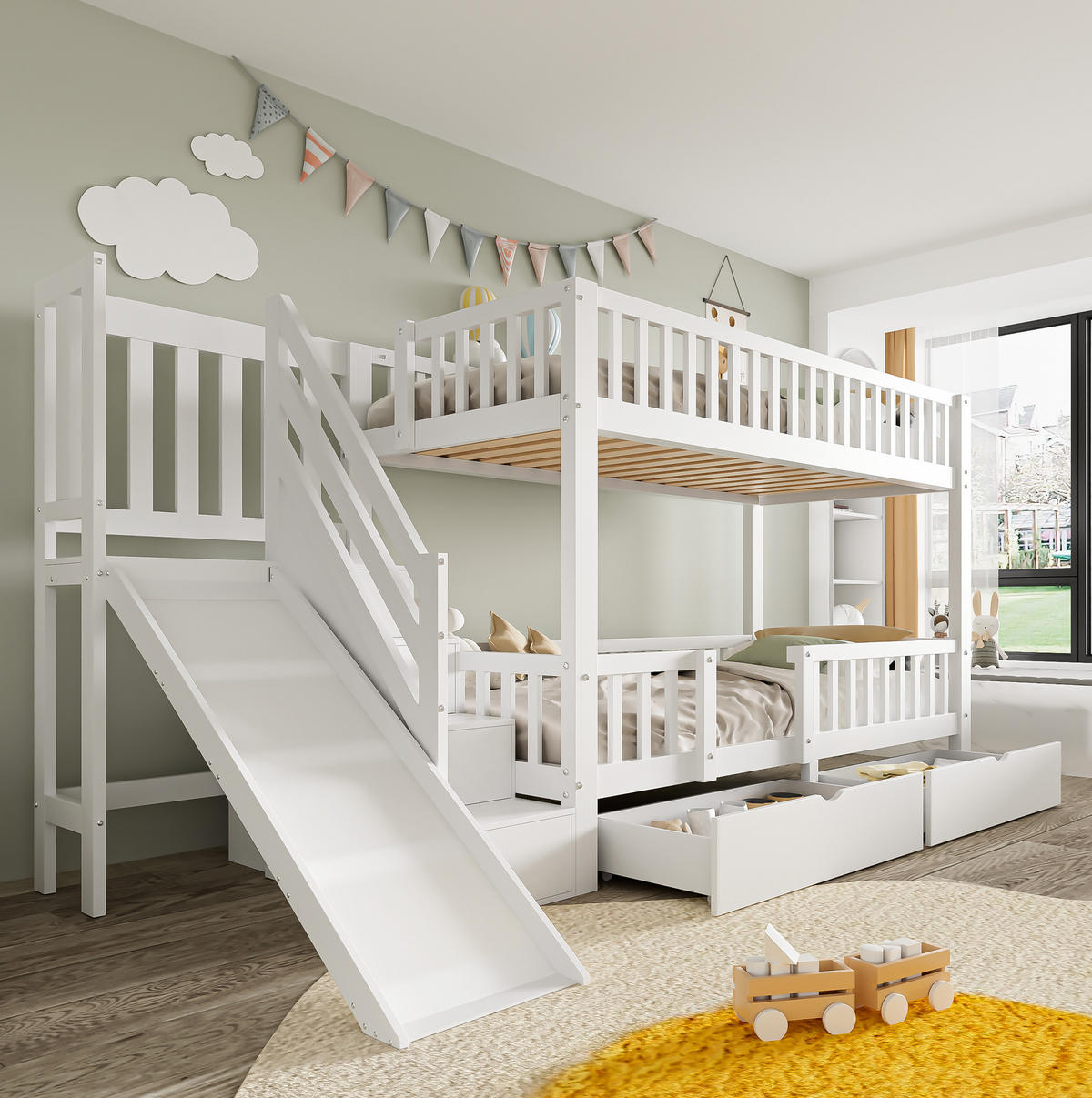 ETAGENBETT 90/200 cm weiß aus Massivholz mit Rutsche und Treppe - Weiß, Holz (90/200cm) - OKWISH