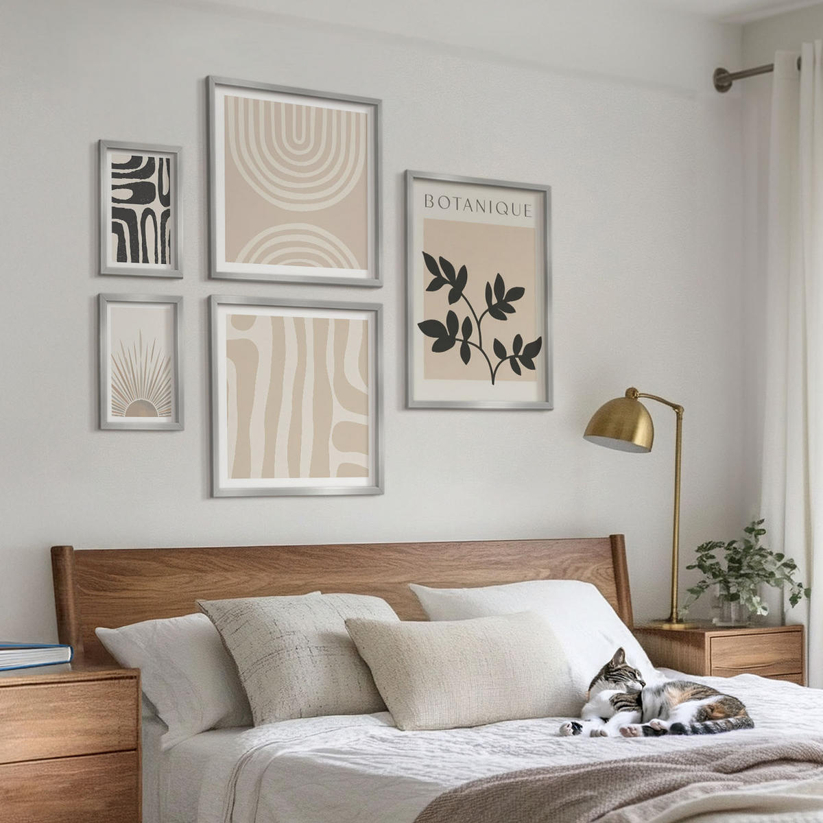 BILDER SET 5er Set - 50x50 cm & 20x30 cm & 40x60 cm Silberner Rahmen - Abstrakte Pflanzenmuster - Silberfarben, Kunststoff (40/60cm) - TULUP
