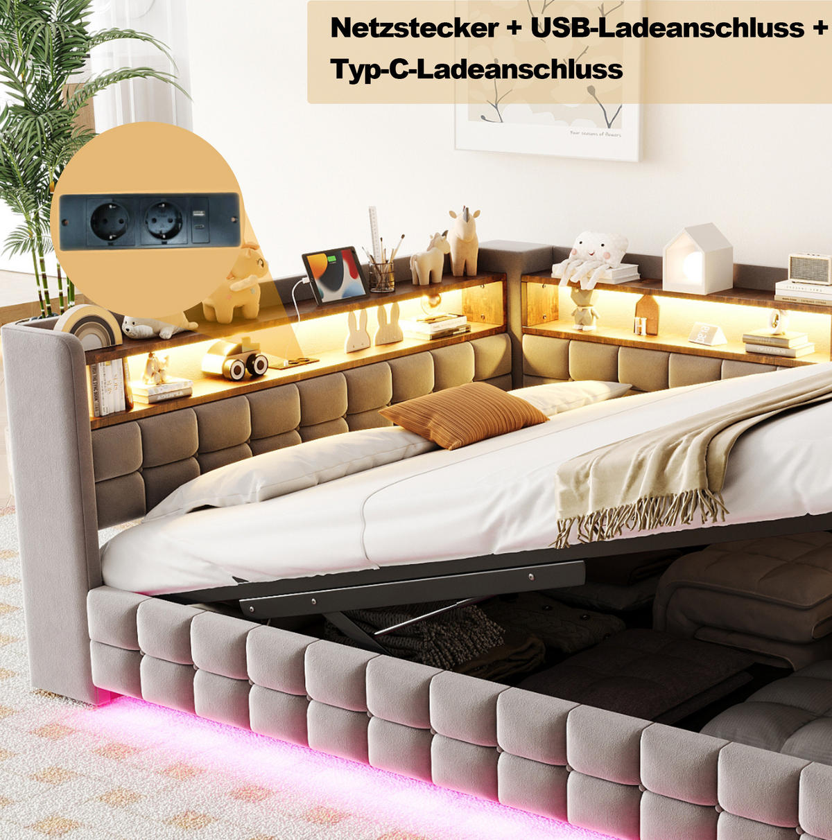 POLSTERBETT 140/200 cm aus Samt mit Stauraum, Hellgrau - Hellgrau, Textil (140/200cm) - OKMYHOME