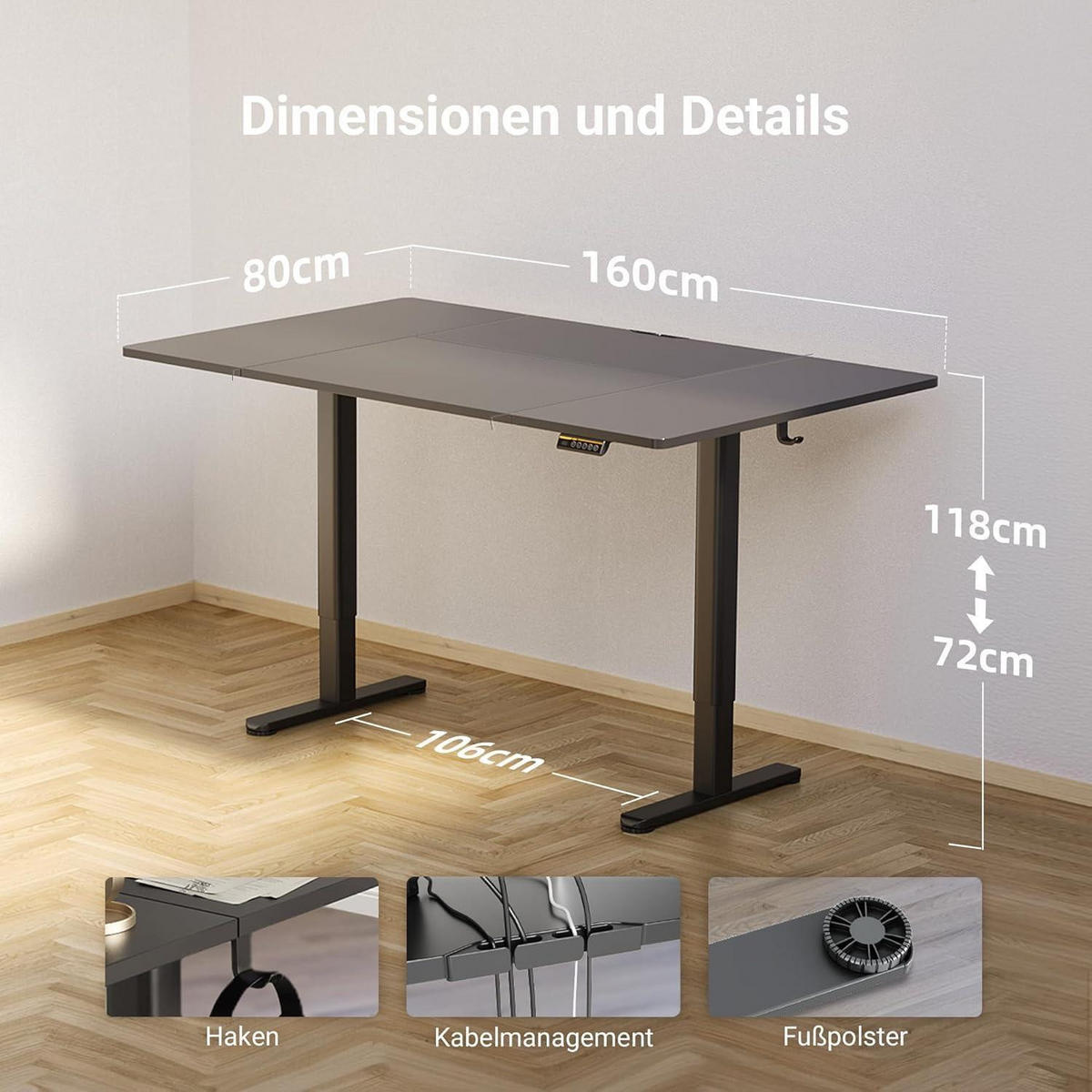 SCHREIBTISCH elektrisch höhenverstellbar 160 x 80 cm Schwarz - Schwarz, Holzwerkstoff (70/140/75cm)