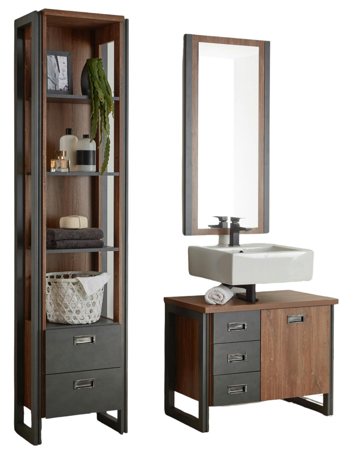 BADMÖBEL-SET 3-teilig Eiche Stirling, Matera grau, Badkombination 140 x 205 cm - Eichefarben/Grau, Holzwerkstoff (140/205/40cm)