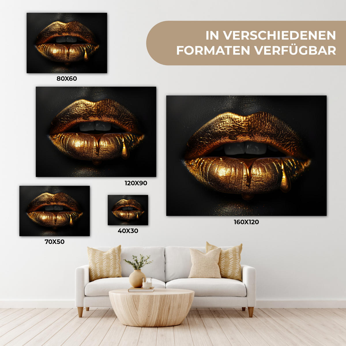 LEINWANDBILD Frau - Porträt - Lippen - Gold - Schwarz 40x30 cm - Schwarz, Textil (40/30cm) - MuchoWow