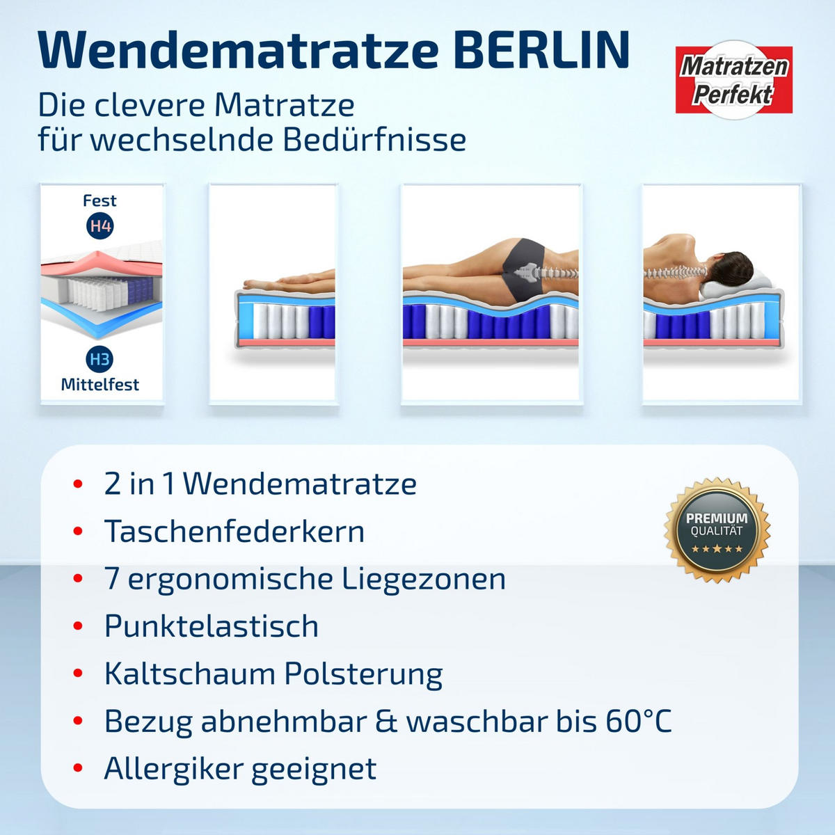 TASCHENFEDERKERNMATRATZE Berlin 100x200 cm 24 cm Hoch H3/H4 - Weiß, Textil (100/200cm)
