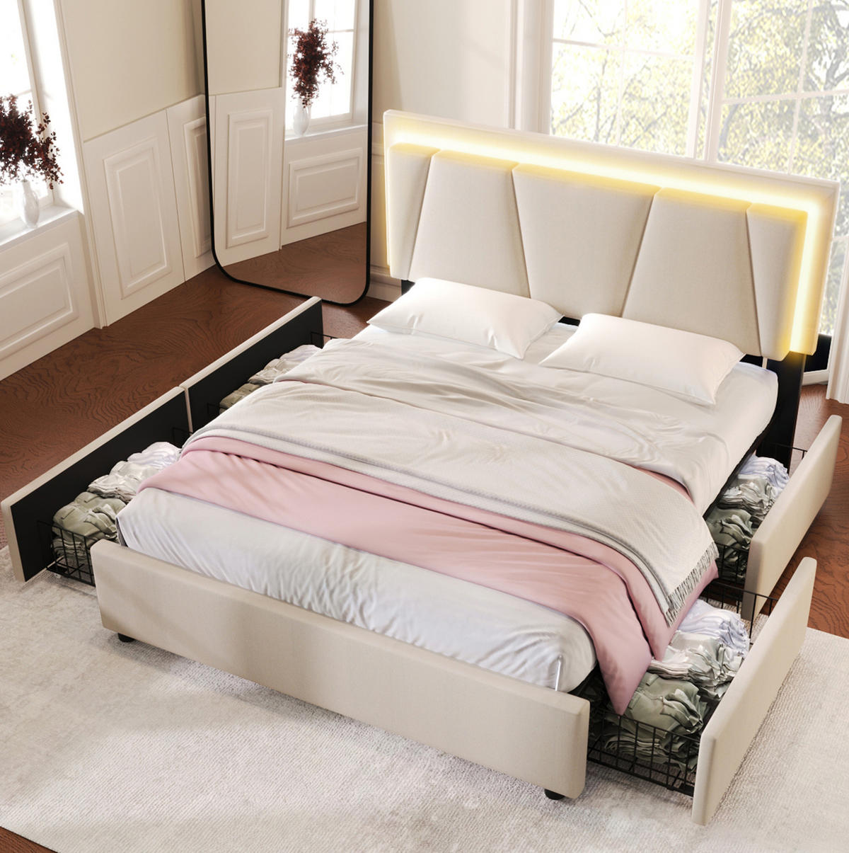 POLSTERBETT mit LED und 4 Schubladen 140x200 cm Beige - Beige, Holz (140/200cm) - Meubliv