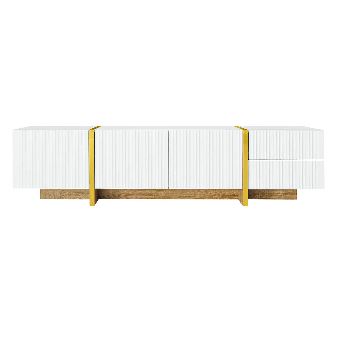 TV-SCHRANK aus MDF und Spanplatte 190x35x45 cm Weiß, Gold und Holzmaserung mit 3 Türen, 2 Schubladen und Dämpfungsscharnieren - Weiß, Holzwerkstoff (190/45/35cm) - Modfu