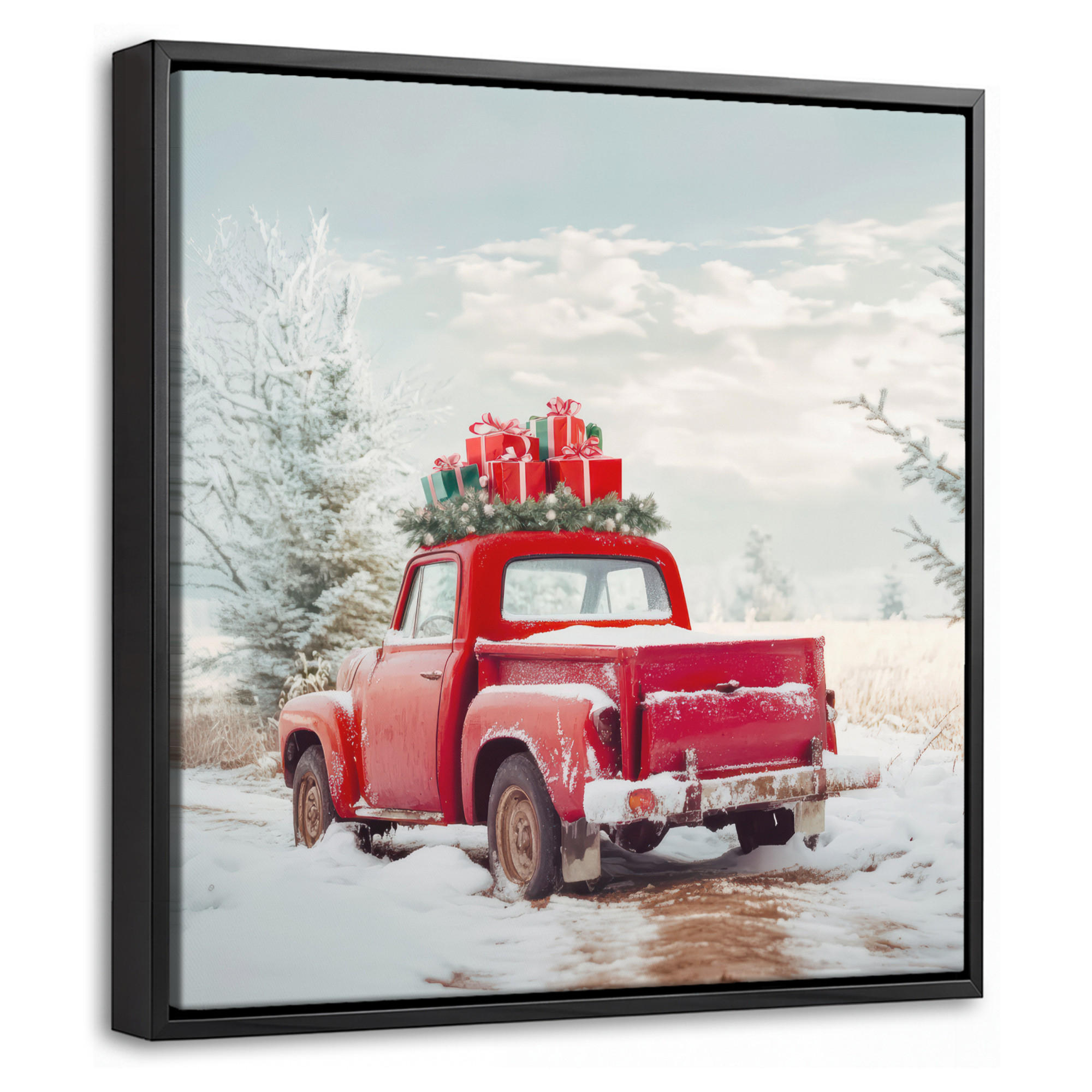 LEINWAND Bilder mit Rahmen - Auto - Rot - Geschenke - Winter - Schnee - Weihnachten - 20x20 - Rot, Textil (20/20cm) - MuchoWow