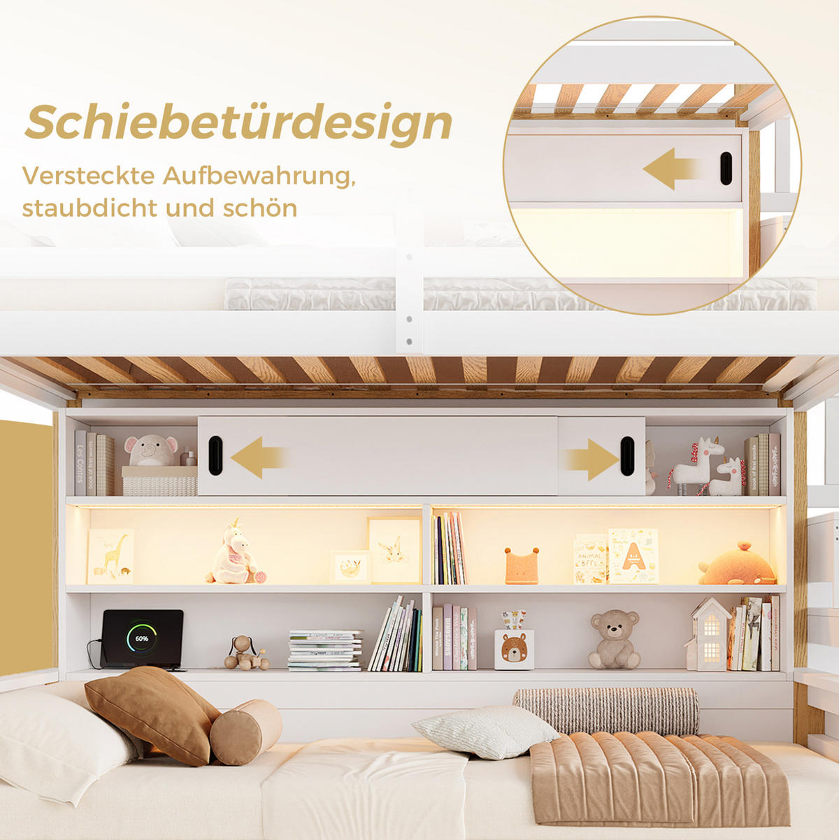 ETAGENBETT aus Kiefernholz 90x200 cm Weiß mit Stauraumtreppe, LED-Leiste und USB-Anschluss - Weiß, Holz (90/200cm) - Modfu