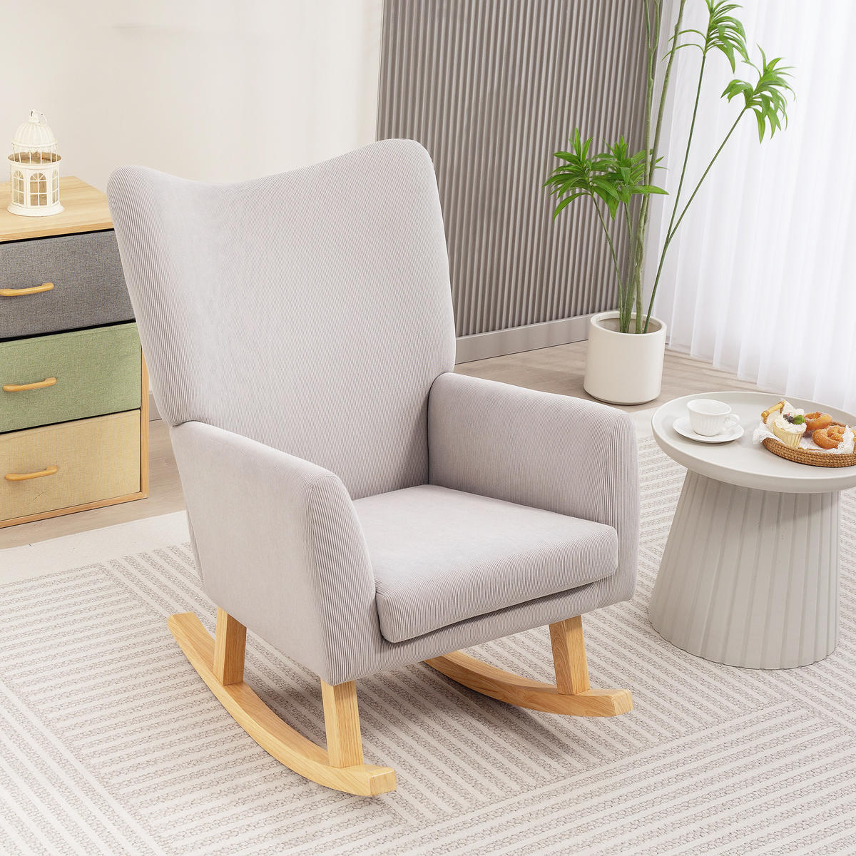 SCHAUKELSTUHL Schaukelsessel mit hoher Rückenlehne, Cord-Optik für Wohnzimmer - Hellgrau, Kunststoff (72/100/97cm) - HOMCOM