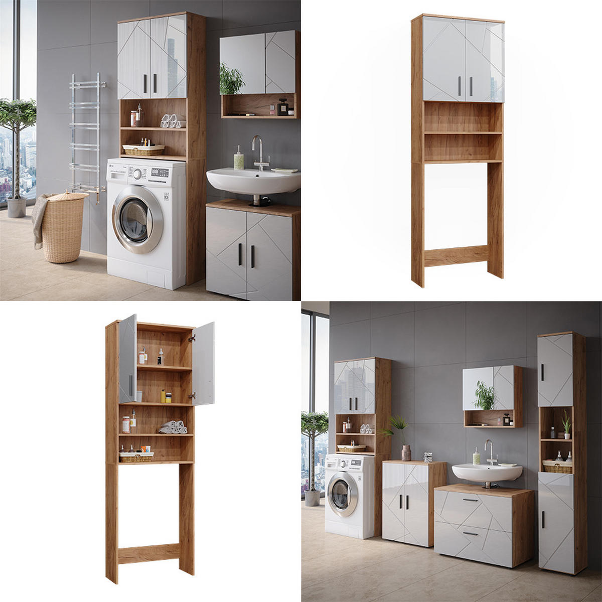 WASCHMASCHINENSCHRANK Irma Weiß Hochglanz/Goldkraft Eiche 64 x 190.5 cm - Weiß Hochglanz/Eiche Wotan, Holzwerkstoff (64/190.5/26cm) - Vicco