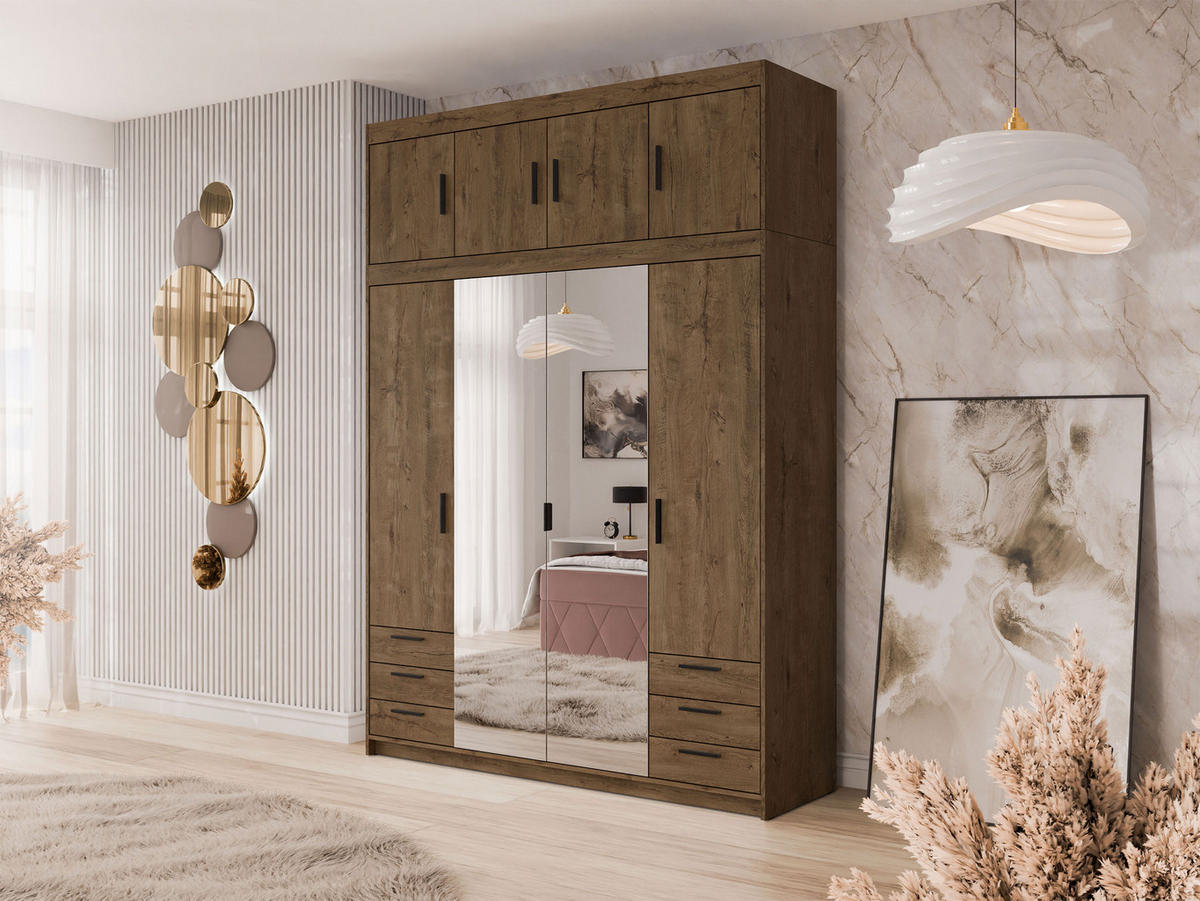KLEIDERSCHRANK Elena 4D6S + Schrankaufsatz - Eichefarben/Schwarz, Holzwerkstoff/Kunststoff (177/246/53cm) - MIRJAN24