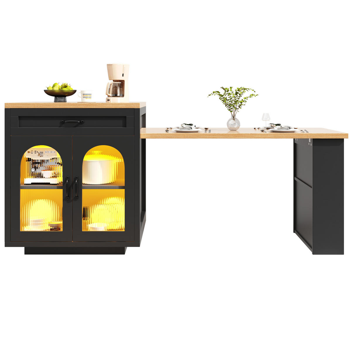 KÜCHENINSEL 126-196/59/94 cm mit RGB-LED-Beleuchtung, 2 Schubladen und verstellbarem Einlegeboden, Schwarz - Schwarz, Holzwerkstoff (196/94/59cm) - Redom