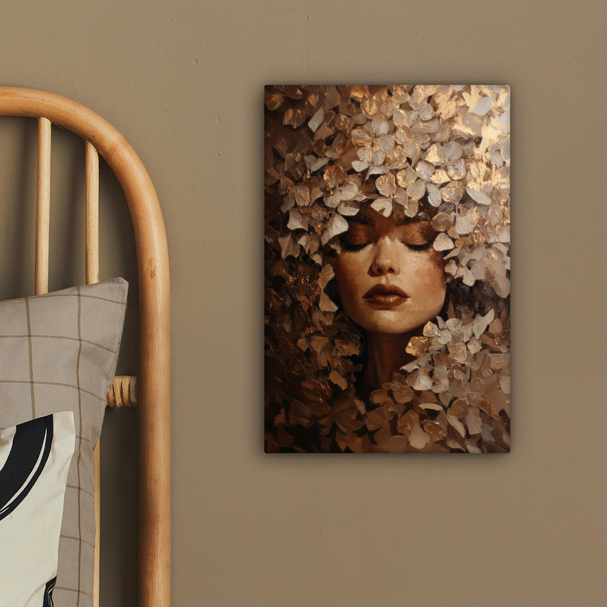 LEINWANDBILD Gesicht - Dame - Blätter - Pinselstriche Deko Wohnzimmer 20x30 cm - Goldfarben, Textil (20/30cm) - MuchoWow