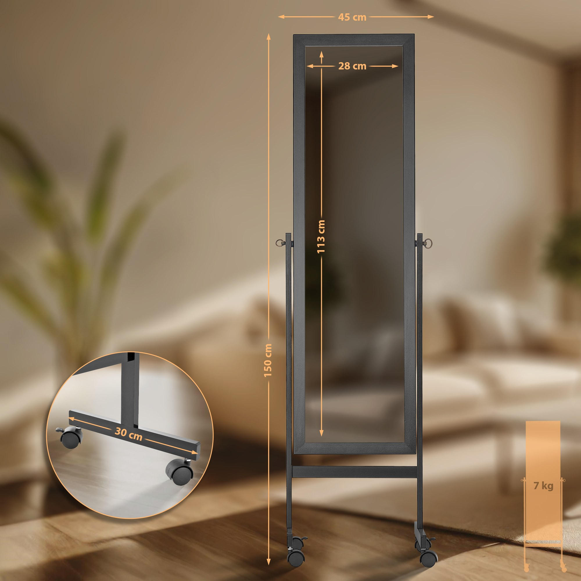 Thumbnail - Deluke Standspiegel, Schwarz, Holz, 45x150x30 cm, Spiegel, Standspiegel