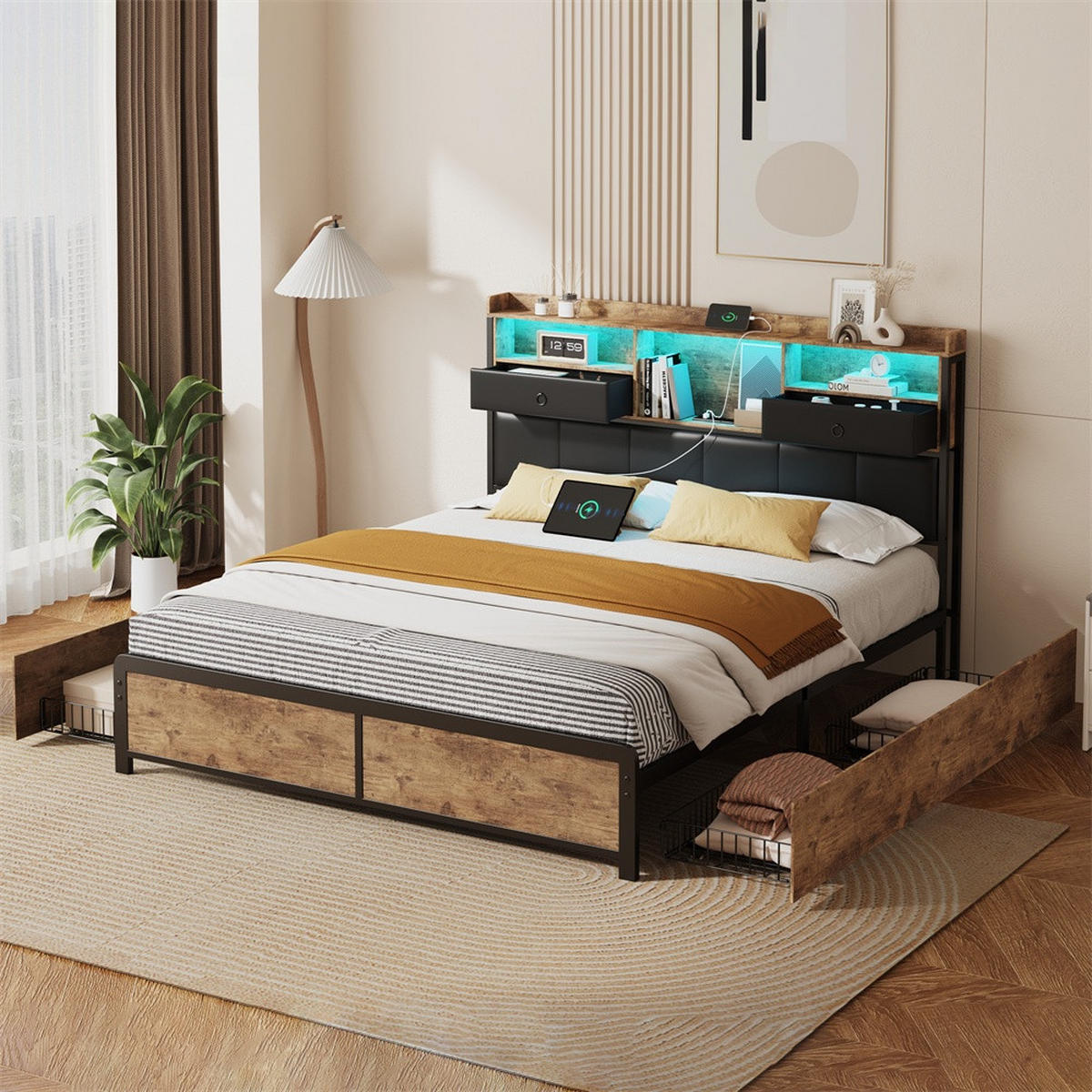 METALLBETT 140 x 200 cm mit 6 Schubladen - Kopfteil-Ablage mit LED-Beleuchtung und Steckdosen & USB-Anschlüsse - Braun, Metall (140/200cm) - DELFA