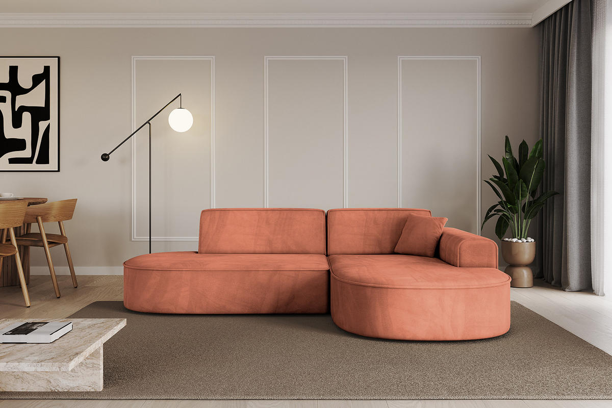 ECKSOFA Ottomane Rechts MARI-L1 - 243x171x79 cm Koralle Velours - Koralle/Schwarz, Holzwerkstoff/Kunststoff (171/243cm) - ALTDECOR