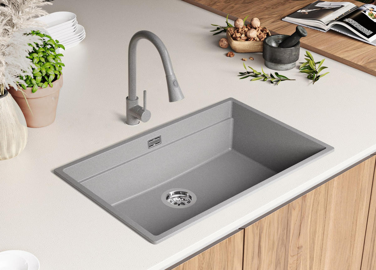 GRANITSPÜLE Praga Slim, 2-er set Grau 76/47 cm 1 Becken + Küchenarmatur 32/20 cm + Ablauf-Set + Aufrollbare Abtropffläche ab 80er Unterschrank - Chromfarben/Grau, Kunststoff (76/20/47cm) - Primagran