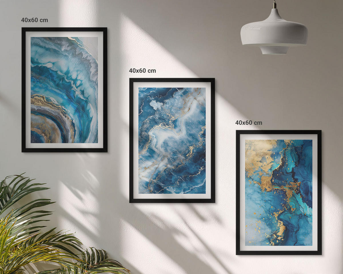 BILDER SET 3er Set - 40x60 cm Schwarzer Rahmen - Blaue abstrakte Muster - Schwarz, Kunststoff (40/60cm) - TULUP