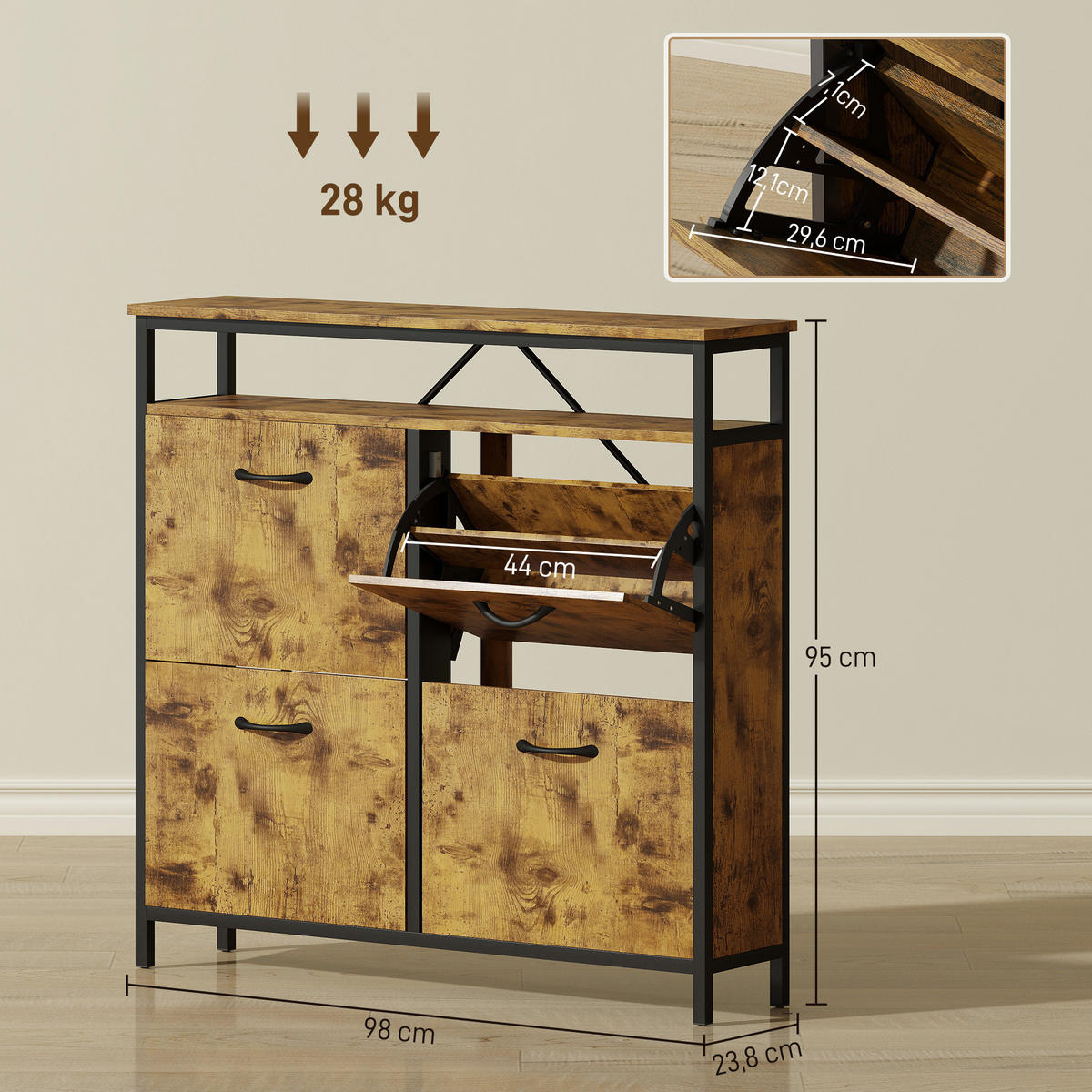 SCHUHSCHRANK mit 4 Klappen Schmal Schuhkipper mit Verstellbar Trennwand Braun - Schwarz/Braun, Holzwerkstoff/Metall (24/95/98cm) - HOMCOM