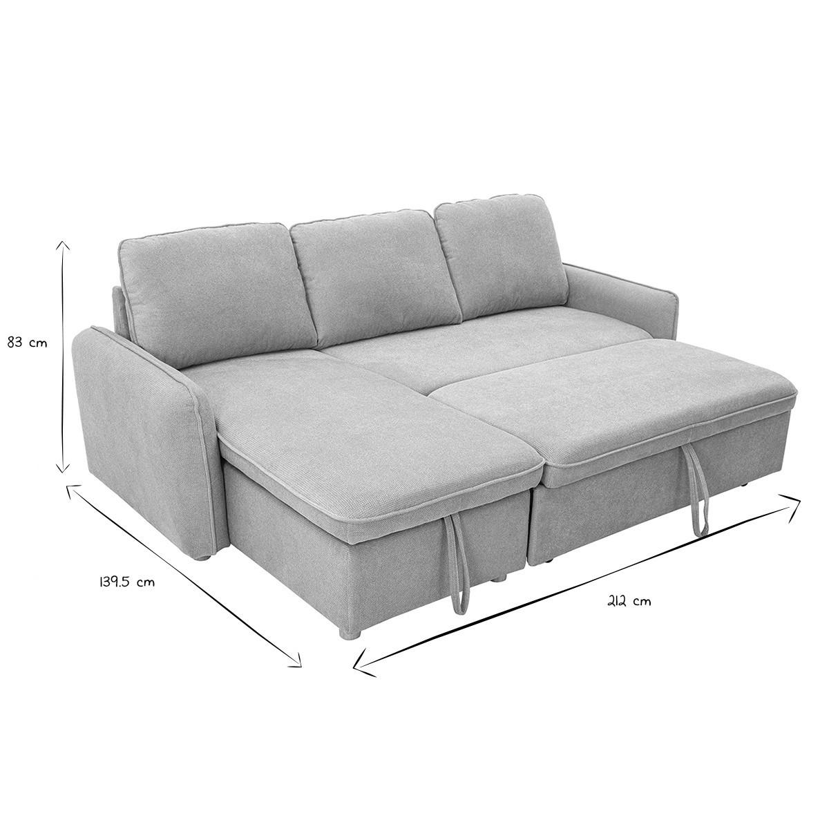 ECKSOFA mit Schlaffunktion und umkehrbarer Abstellfläche 3-Sitzer in grauem Samt-Effekt Stoff und hellem Holz ORSO - Grau, Textil (139.5/83/212cm) - Miliboo
