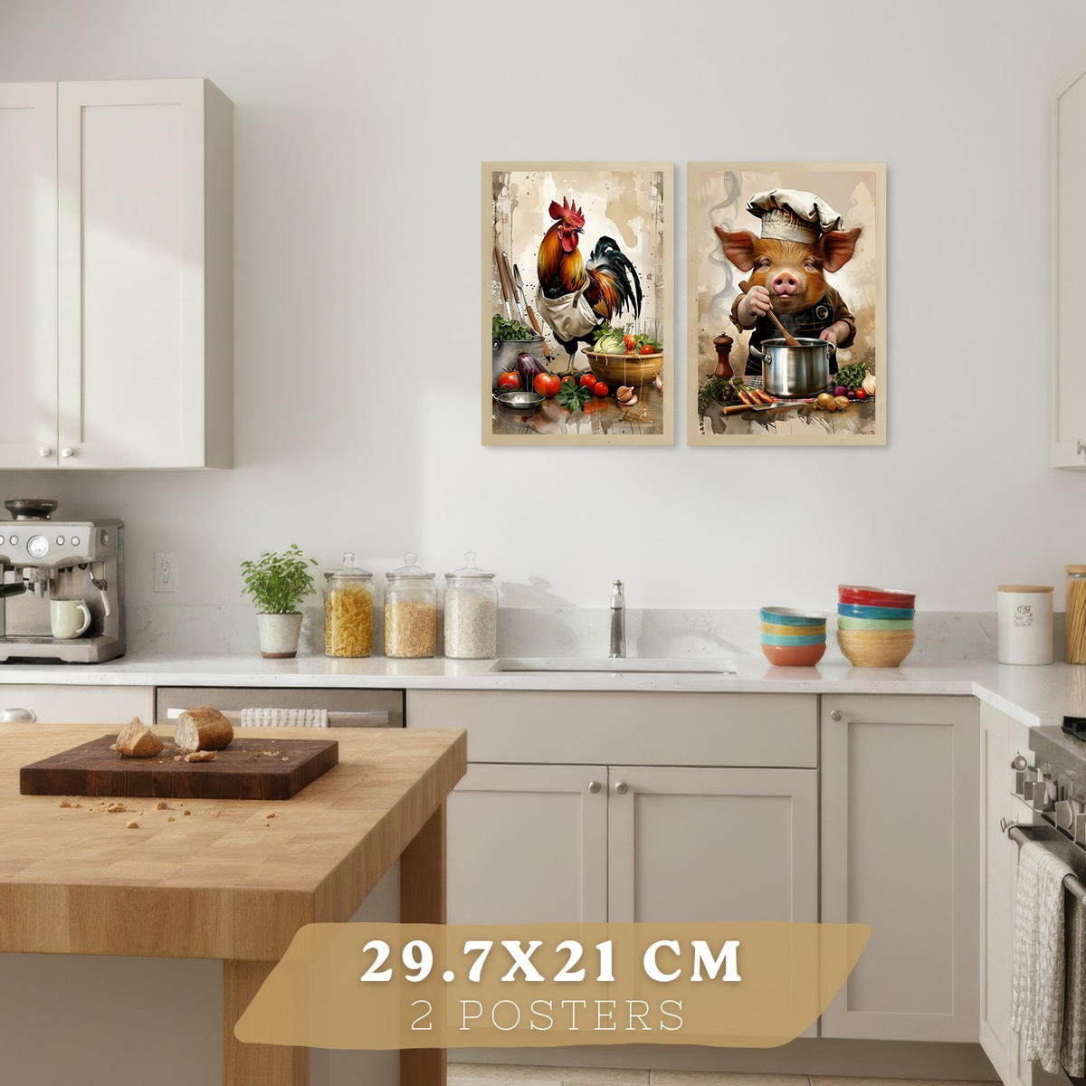 PLAKAT Sada 2 Animal Chef A4 Lehký dřevěný rám - béžová, papír (29.7/1/21cm) - Nacnic