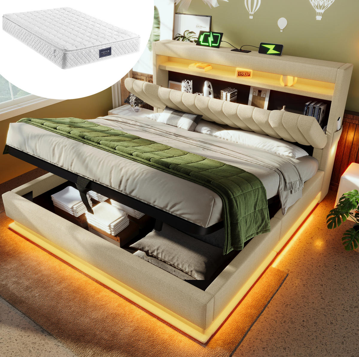POLSTERBETT aus Leinen 160x200 cm Beige mit Matratze, LED-Beleuchtung, Ladeanschlüssen und Stauraum - Beige, Textil (160/200cm) - IVMEU