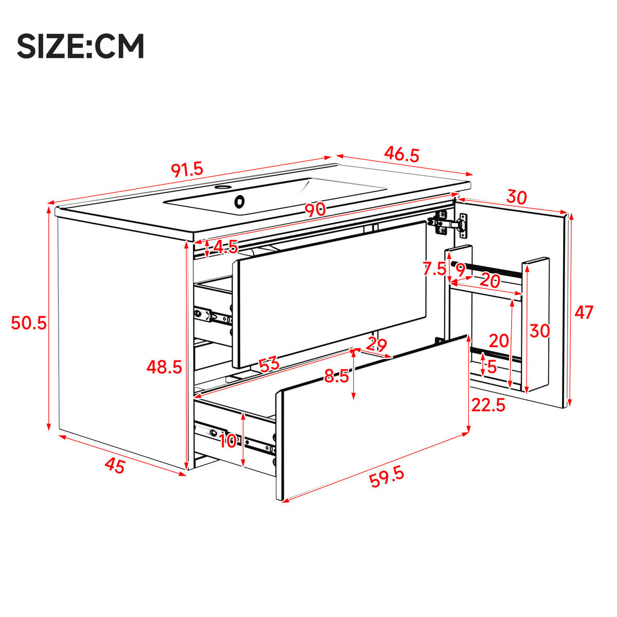 WASCHTISCHUNTERSCHRANK 91x46.5x50.5 cm Weiß aus Keramik & Spanplatte mit Radarsensor-LED & 2 Schubladen - Weiß, Holzwerkstoff (91/50.5/46.5cm) - Modfu