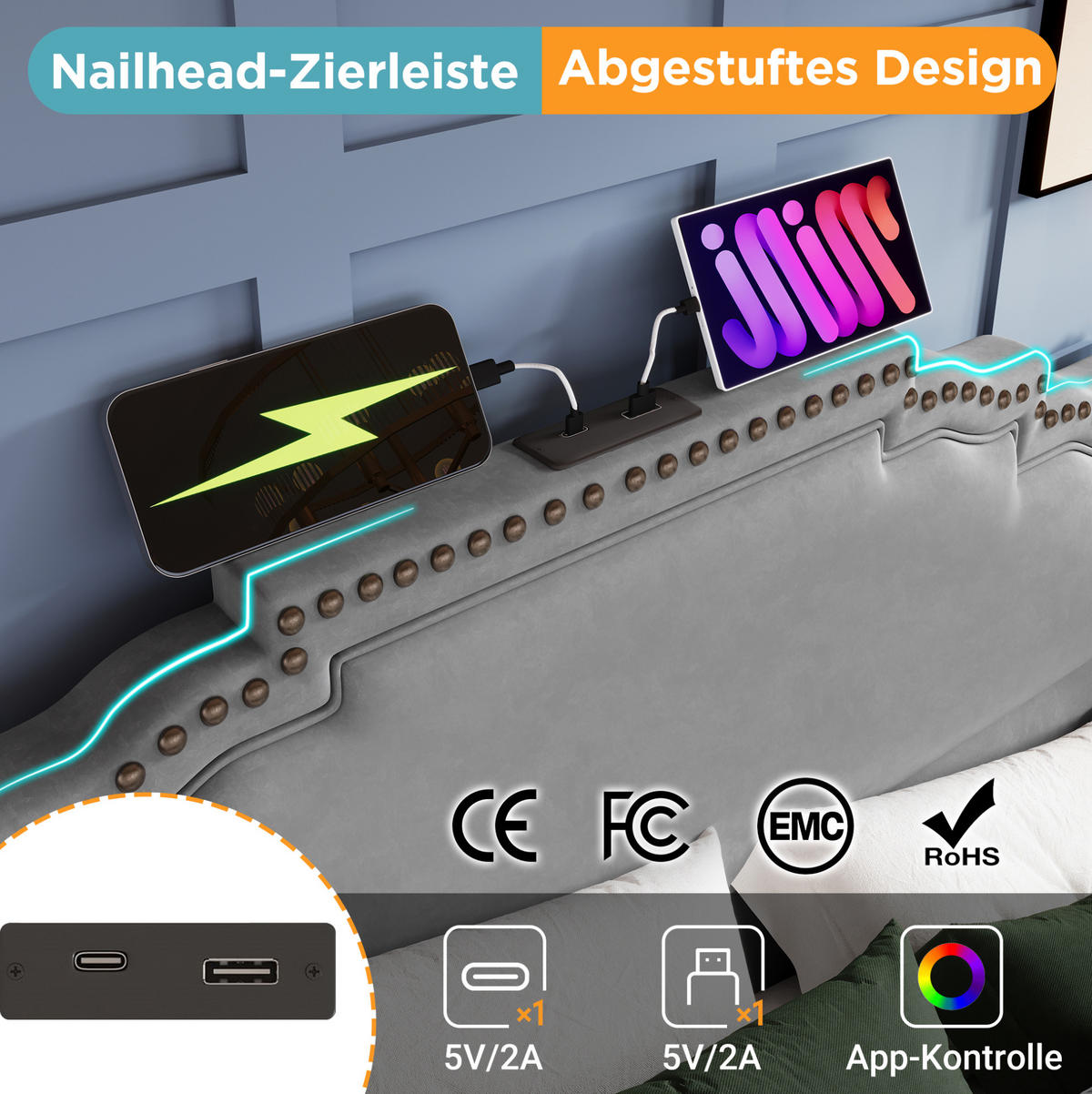 POLSTERBETT 180/200 cm aus Samt mit 4 Schubladen, LED und USB-/USB-C-Anschluss, Grau - Grau, Textil (180/200cm) - Redom