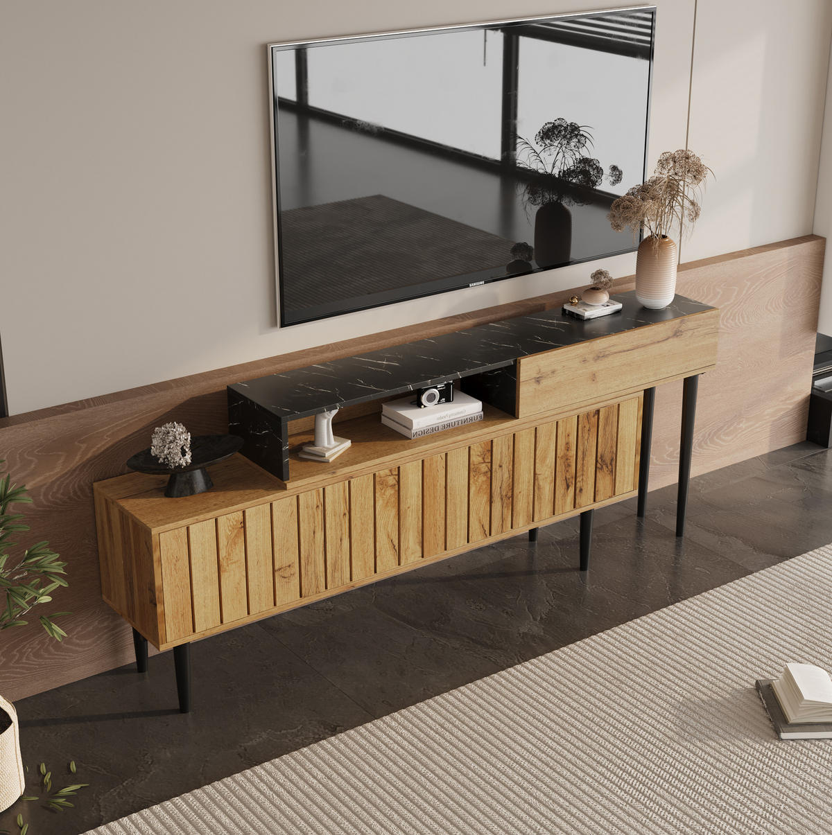 TV-SCHRANK in Natural Wood mit Marmor-Optik und Eisenbeinen 110/39/45 cm - Eichefarben, Holzwerkstoff (129/58/30cm) - Redom