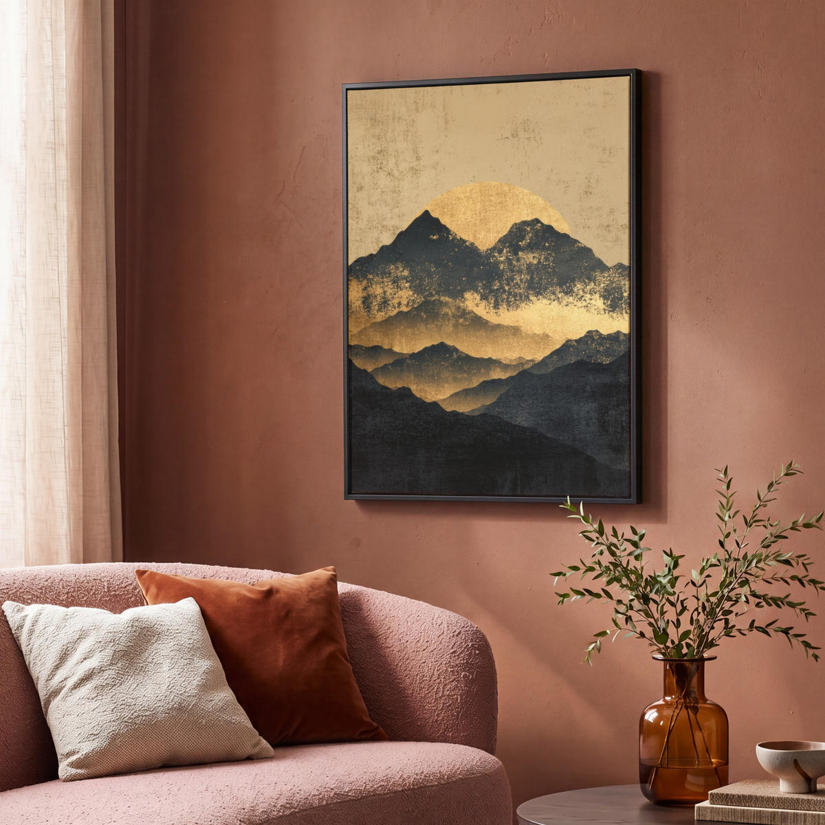 LEINWAND Bilder mit Rahmen - Goldene Berge bei Mondschein - 70x100 - Goldfarben, Textil (70/100cm) - MuchoWow