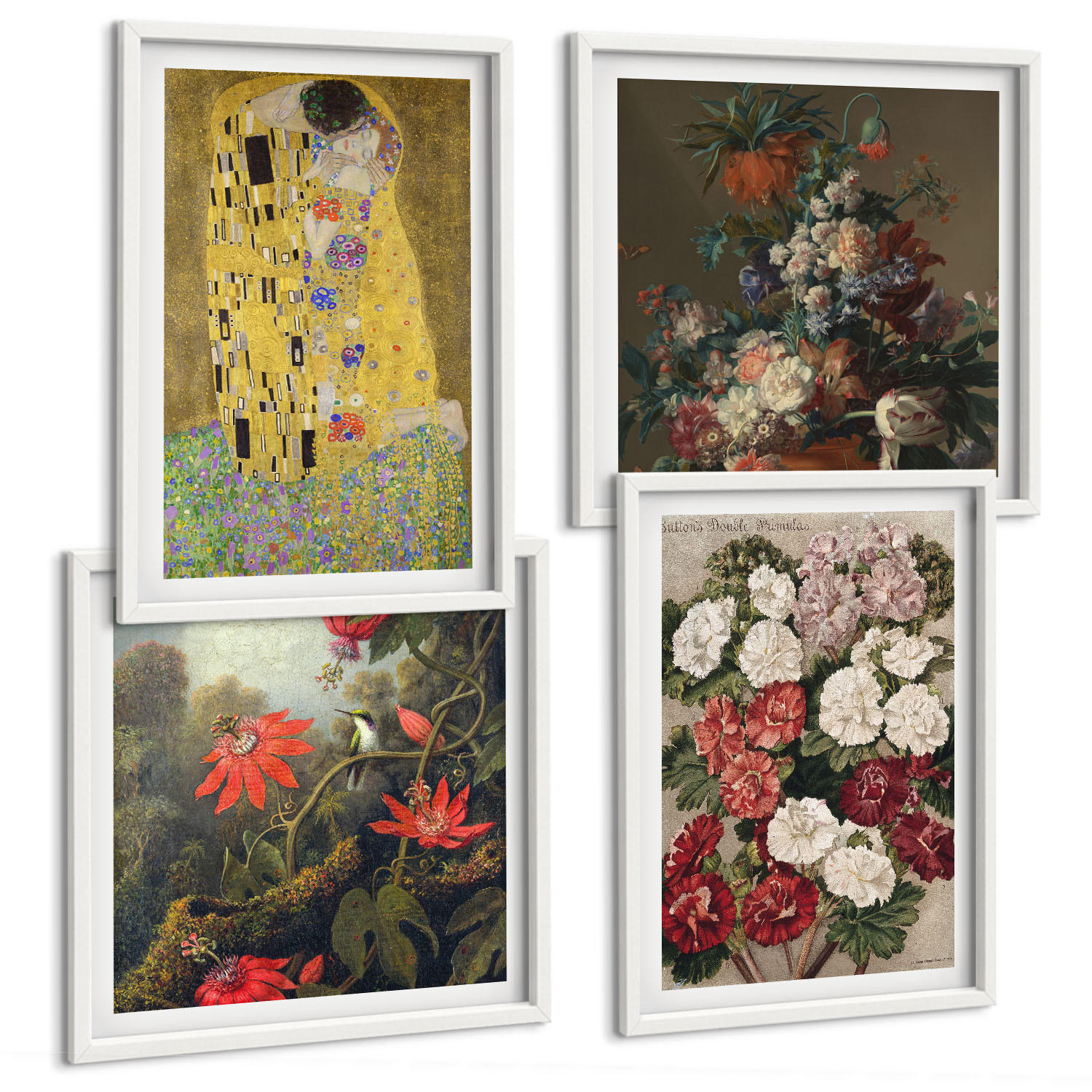 BILDER SET 4er Set - 50x50 cm & 40x60 cm Weißer Rahmen - Blumen des Baumes (Gemälde von Klimt) - Weiß, Kunststoff (50/50cm) - TULUP