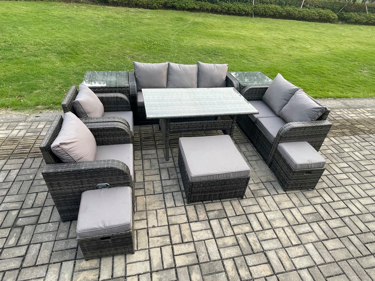 Gartenmöbelset mit Esstisch,3-Sitzer Sofa,3 Hockern,2 Beistelltischen Polyrattan Dunkelgrau 10-Sitzer - Dunkelgrau/Grau, Glas/Kunststoff - Fimous