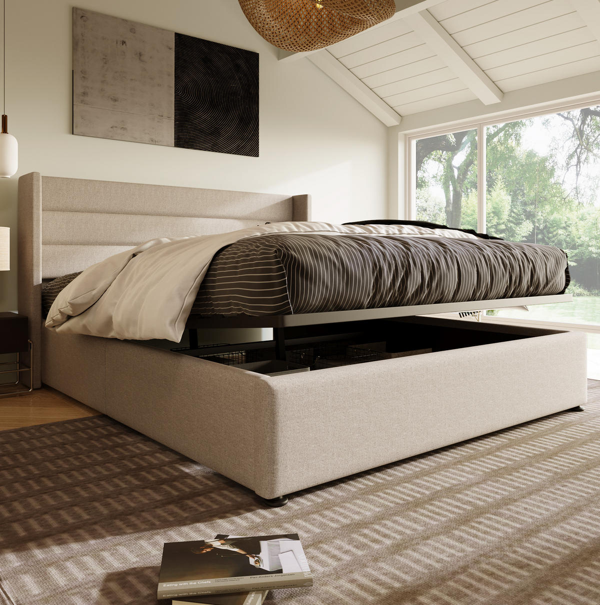 POLSTERBETT 160/200 cm Beige aus Leinen mit Bettkasten - Beige, Textil (160/200cm) - OKMYHOME