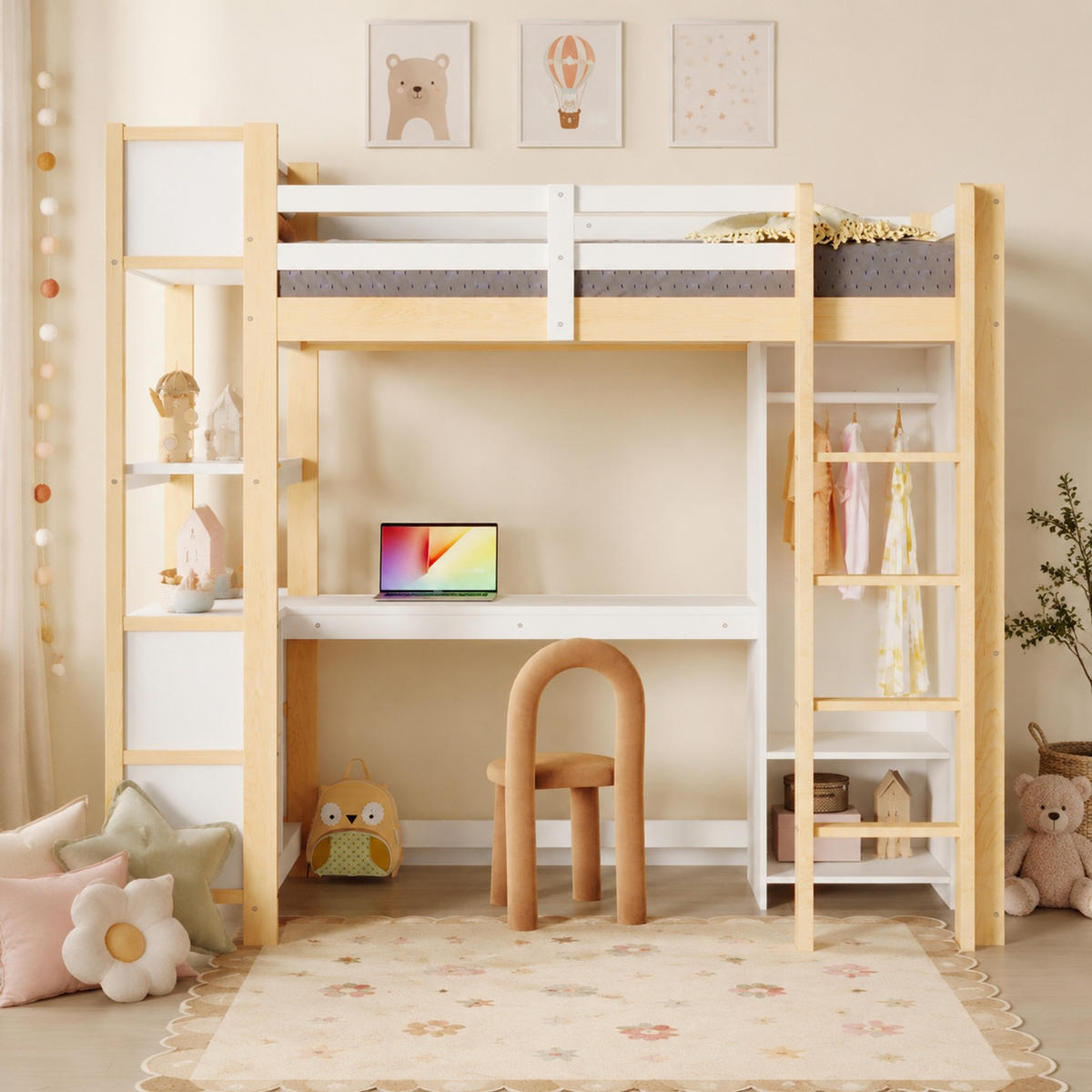 HOCHBETT 90/200 mit Schreibtisch, Regalen und Kleiderschrank in Natur - Weiß/Naturfarben, Holzwerkstoff (90/200cm) - EVRYAE