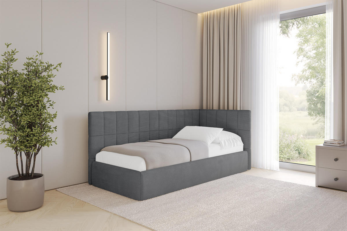 EINZELLBETT Jugendbett mit Bettkasten, Links - TULY 90x200 Dunkelgrau - Graphitfarben, Holzwerkstoff/Textil (90/200cm) - ALTDECOR