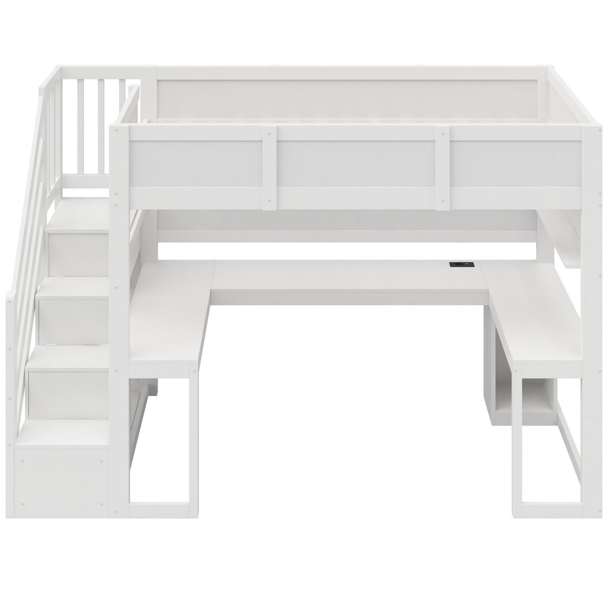 HOCHBETT aus MDF und Sperrholz 90x200 cm Weiß mit Schreibtisch, Stauraumtreppe, LED und USB - Weiß, Holzwerkstoff (90/200cm) - Modfu